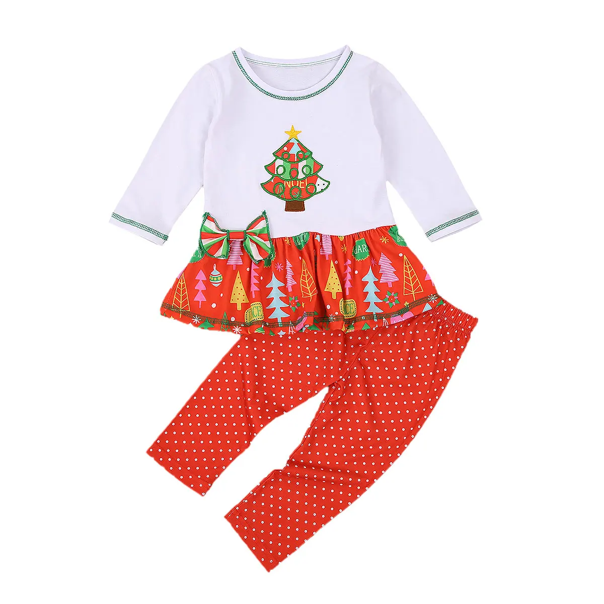 

2020 Kids Baby Girl 2PCS Xmas Clothing Set Long Sleeve Bow Skirted T-shirt Tops Polka Dot Long Pant Christmas