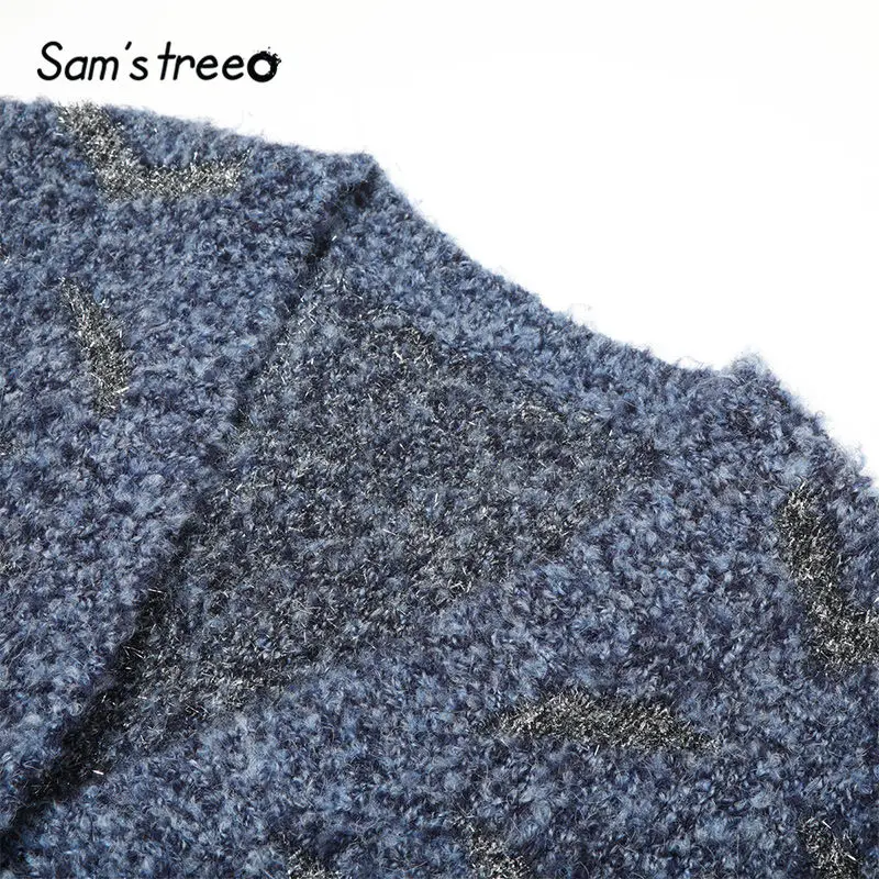 SAM'S TREE синий лоскутный Золотой Шелковый женский свитер кардиган зима широкий рукав трикотажные повседневные женские свитера