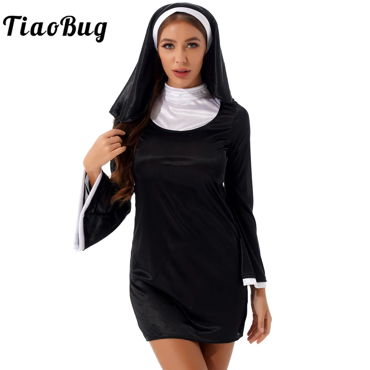 Vestido corto de talla grande para mujer, traje de monja traviesa para adultos, Sexy, para Halloween, con pañuelo para la cabeza