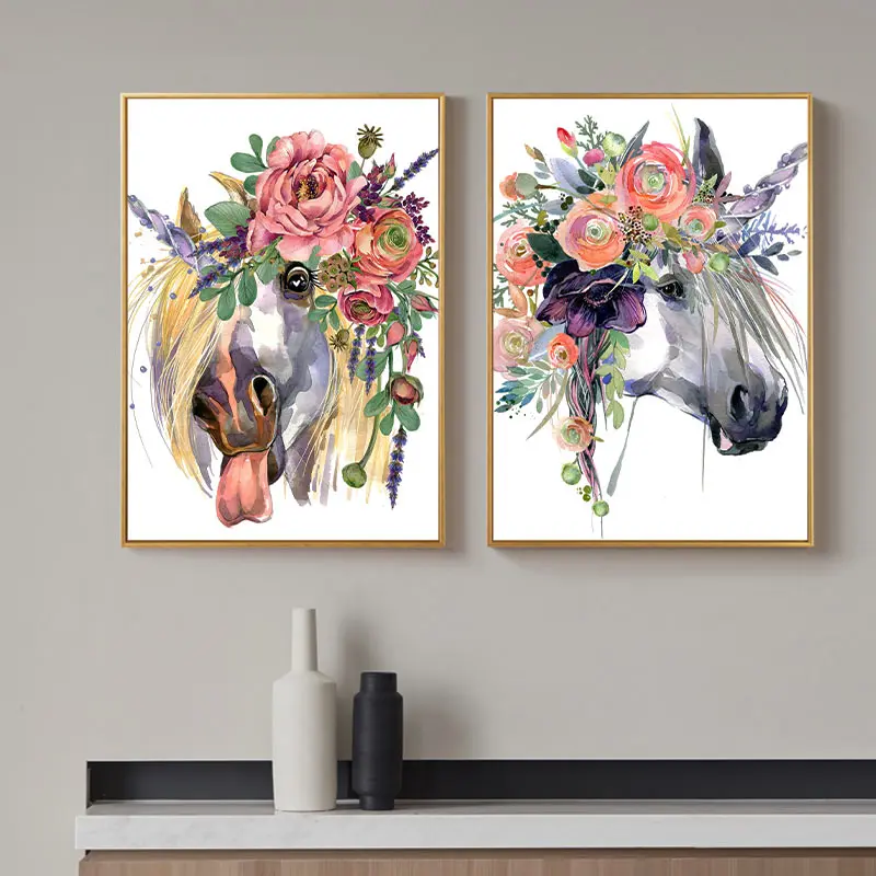 Винтажный стиль цветочный рисунок холст постер лошадь с цветком хижина