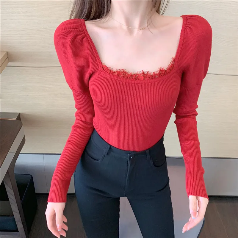 

HKCP Fashion Sweater Women Casual Office Lady Square Collar Solid Lace Sexy Long Sleeve Knitted Pullovers Spring/Autumn 2020 New