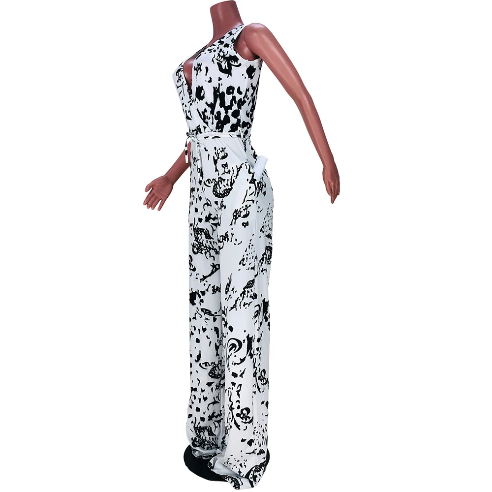 

Europe America Women's African Jumpsuit Deep V-neck Printing Loose High Waist 2021 Summer New Casual Temperament