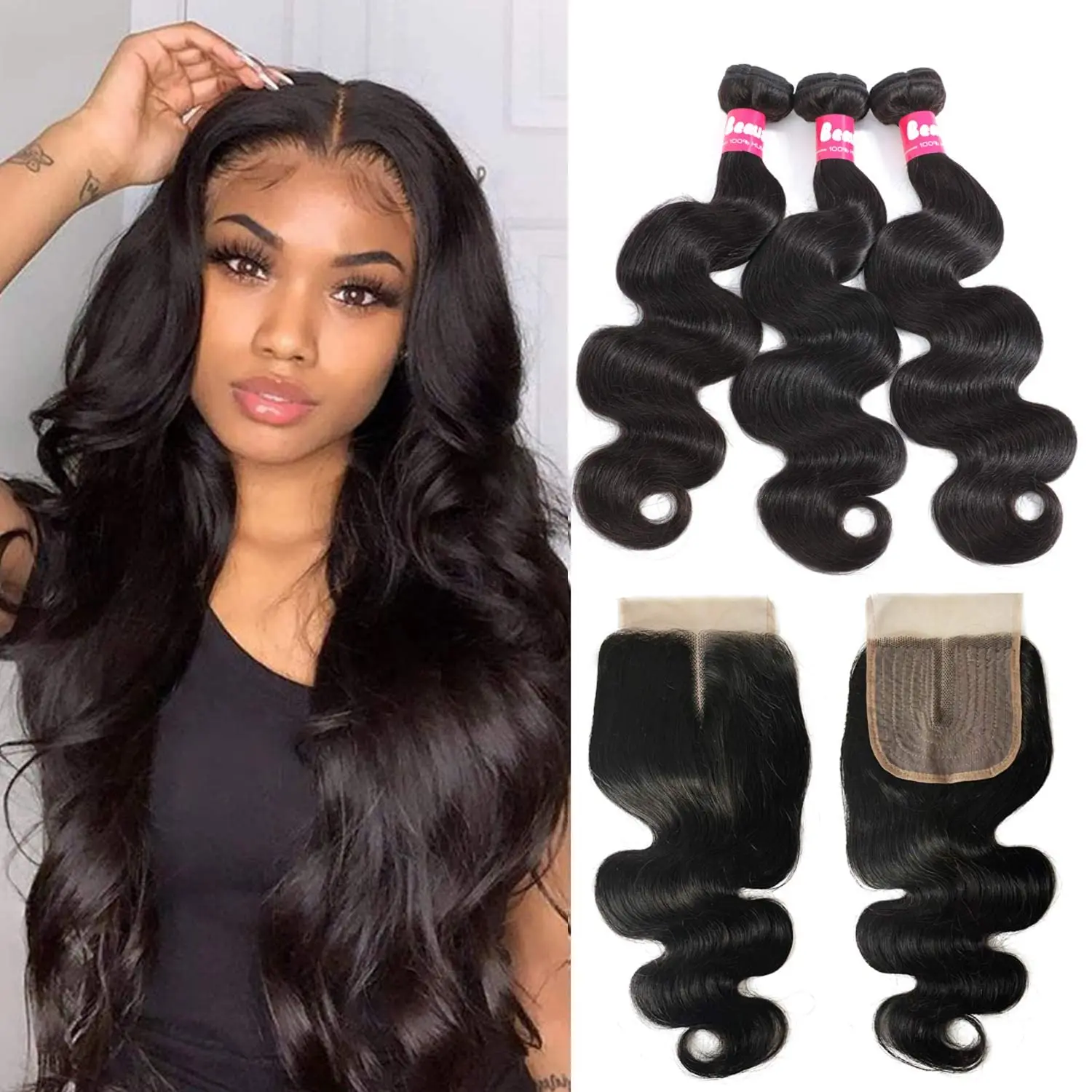 

Utrue Body Wave 100 Real Human Hair Bundles With Closures 8-30"Remy Humain Hair Bundle With Closure