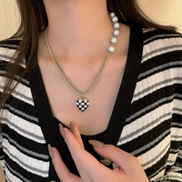 pearl drop oil black and white checkered heart pendant necklace checkerboard double chain choker simple necklace for women