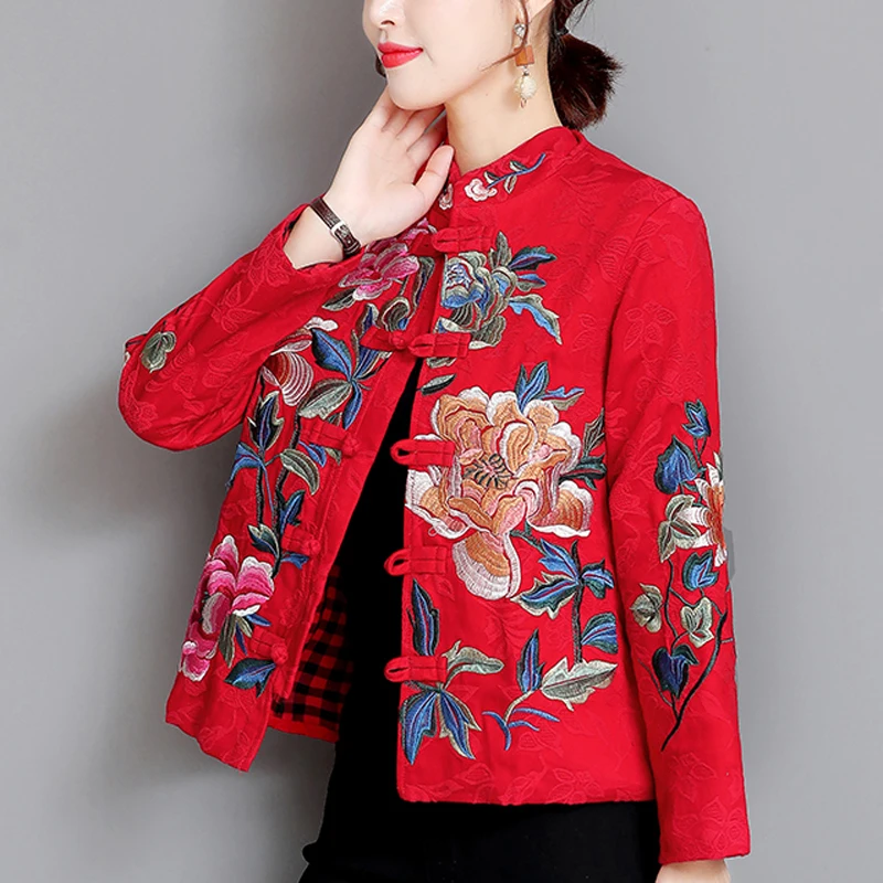 Женская куртка с вышивкой в китайском стиле осенне зимняя однобортная короткая
