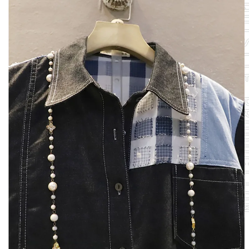 

QING MO Blue Dark Gray Vintage Patchwork Plaid Women Blouse 2021 Summer Single Breasted Short Sleeve Female Blouse Loose QYF277A