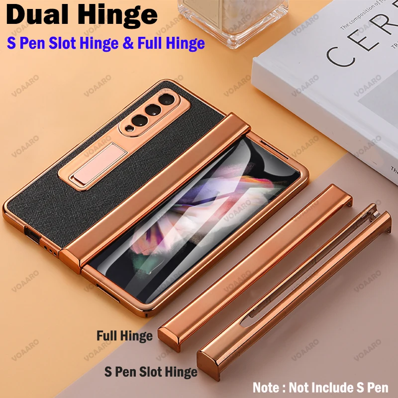 4 in 1 plating dual hinge leather case for samsung galaxy z fold 3 5g hinge case with s pen slot holder front screen glass film free global shipping