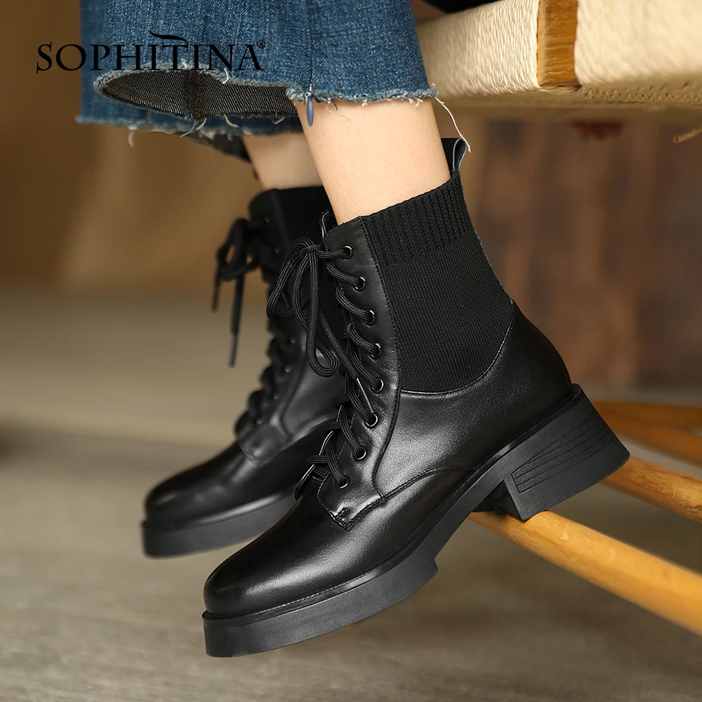 

Женские повседневные ботильоны SOPHITINA, мягкие однотонные полусапожки из мягкой кожи, на шнуровке, с круглым носком, HO650