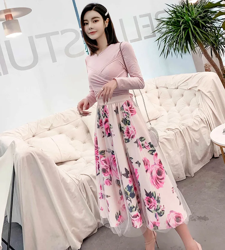 

Summer Women 2 Piece Set 2020 Fashion Pink Cotton Bowknot Short T Shirt + Mesh Floral Print Big Swing Long Skirt Suits