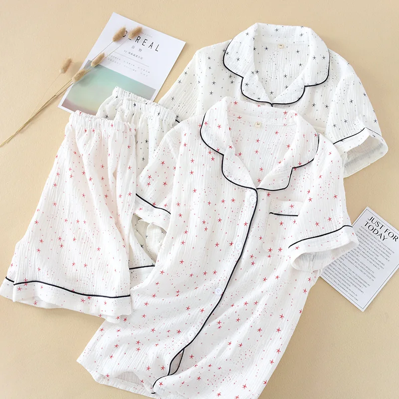

New summer 100% pure cotton washed wrinkled gauze ladies short-sleeved shorts pajamas home set two piece set plus size lingere