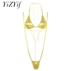 Комплект нижнего белья женский блестящий, мини-бикини, халтер, бюстгальтер с завязками, топ и Трусы-стринги на подтяжках, цвет металлик