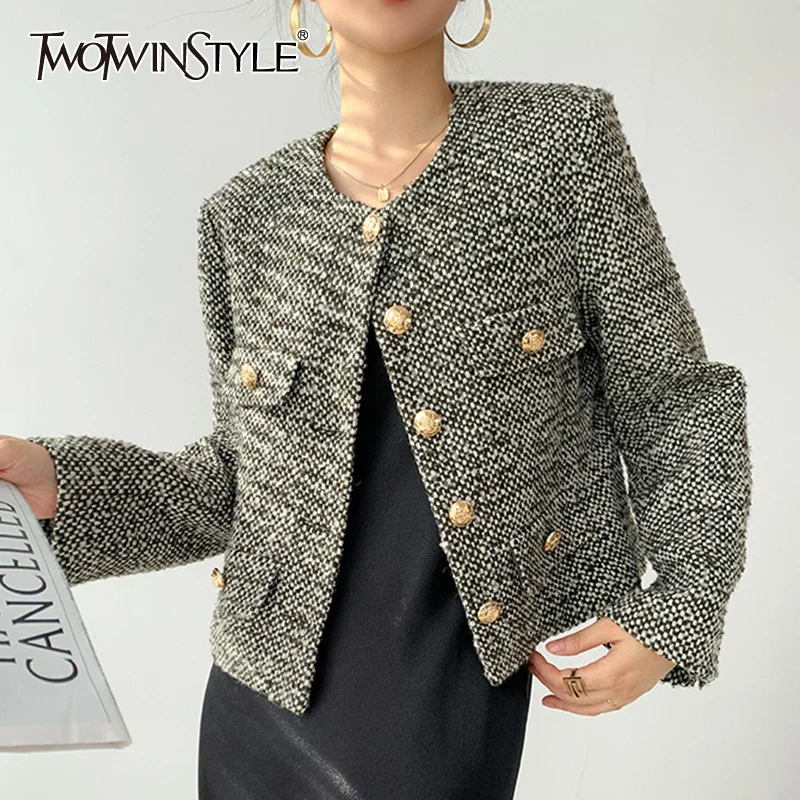 

TWOTWINSTYLE Casual Jackets For Women Round Neck Loose Long Sleeve Patchwork Pockets Single Breasted Coats Female 2021 Clothing