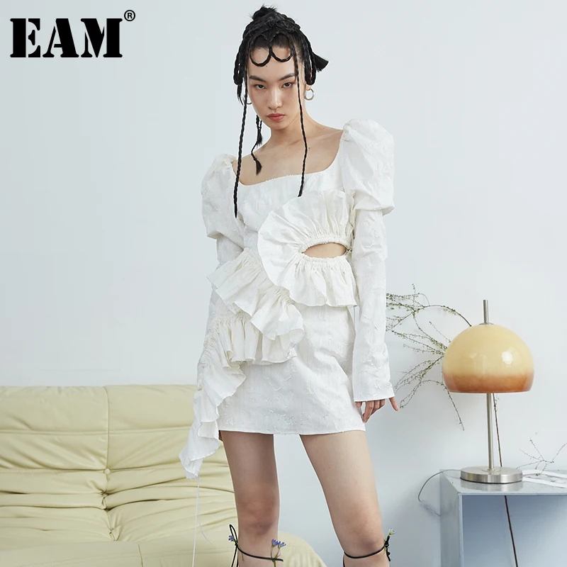 

[EAM] Women White Hollow Out Ruffles Backless Dress New Square Collar Puff Sleeve Loose Fit Fashion Spring Summer 2022 1DD7059