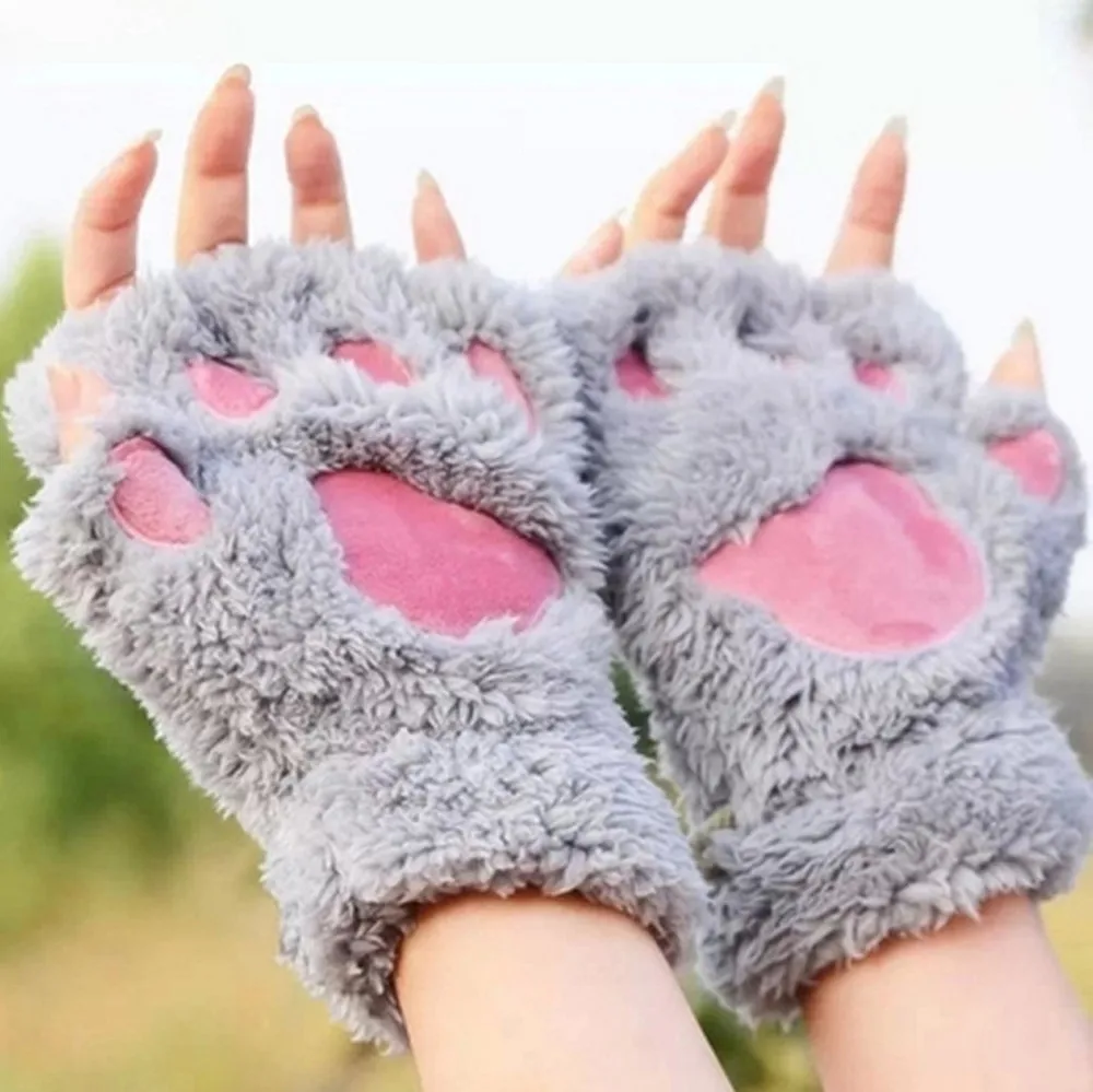 

New Women Cute Cat Claw Paw Plush Mittens Warm Soft Plush Short Fingerless Fluffy Bear Cat Gloves Costume Half Finger Xmas Gift