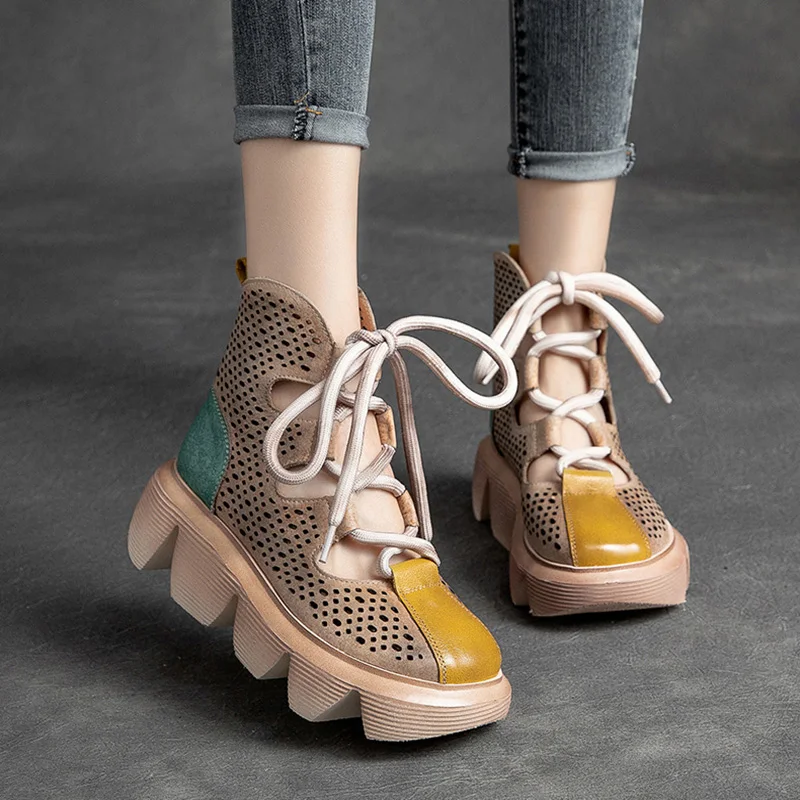 

Summer New Mid Calf Boots Laces High-top Thick-soled Women's Boots Non-slip Wear-resistant Cow Leather Shoes Hollow Sandals