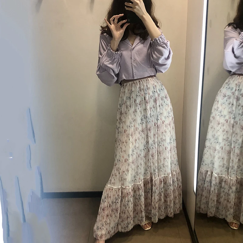 Женская плиссированная юбка ZA длинная с цветочным принтом и высокой талией