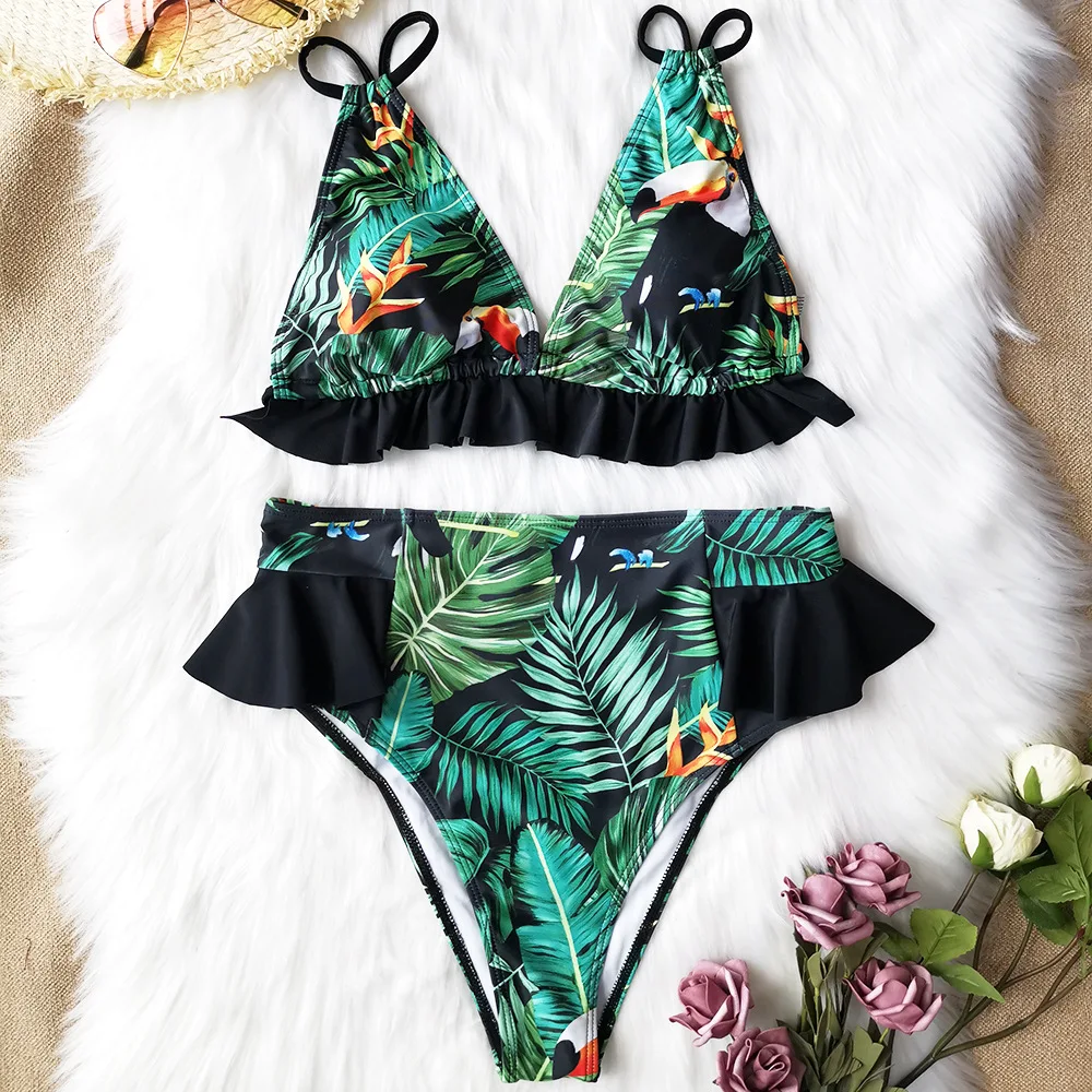 

2020 sexy printed swimsuit female new ruffled bikini high waist bikini suit beach casual style