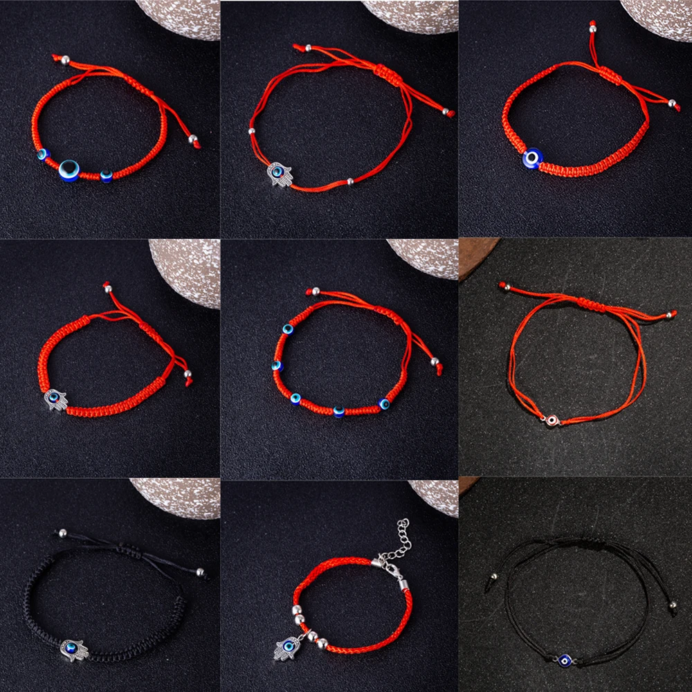 Мужской/женский браслет ручной работы Hamsa красный с цепочкой и дурной глаз