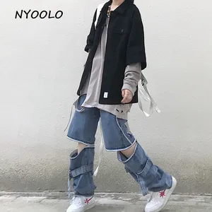 Джинсы NYOOLO женские, мужские, Осенние, широкие, в полную длину, с застежкой-молнией, в стиле хип-хоп, для скейтборда