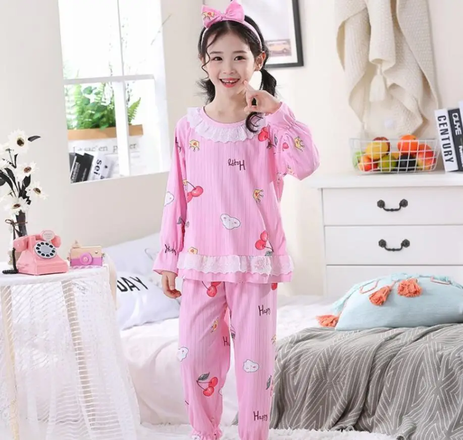 2020 Пижамный костюм для девочек кружевные Детские пижамные комплекты с принтом