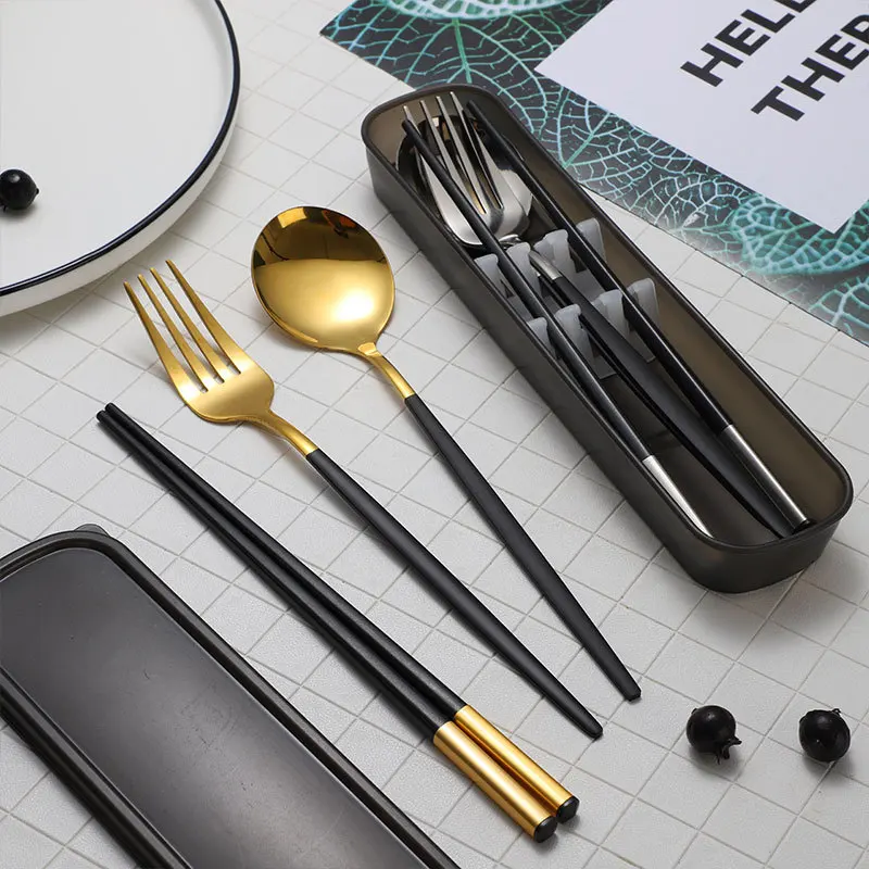 

3Pcs/set Stainless Steel Dinnerware Set Silverware Tableware Sets Fork Spoon Chopstick Portable Sets with Case