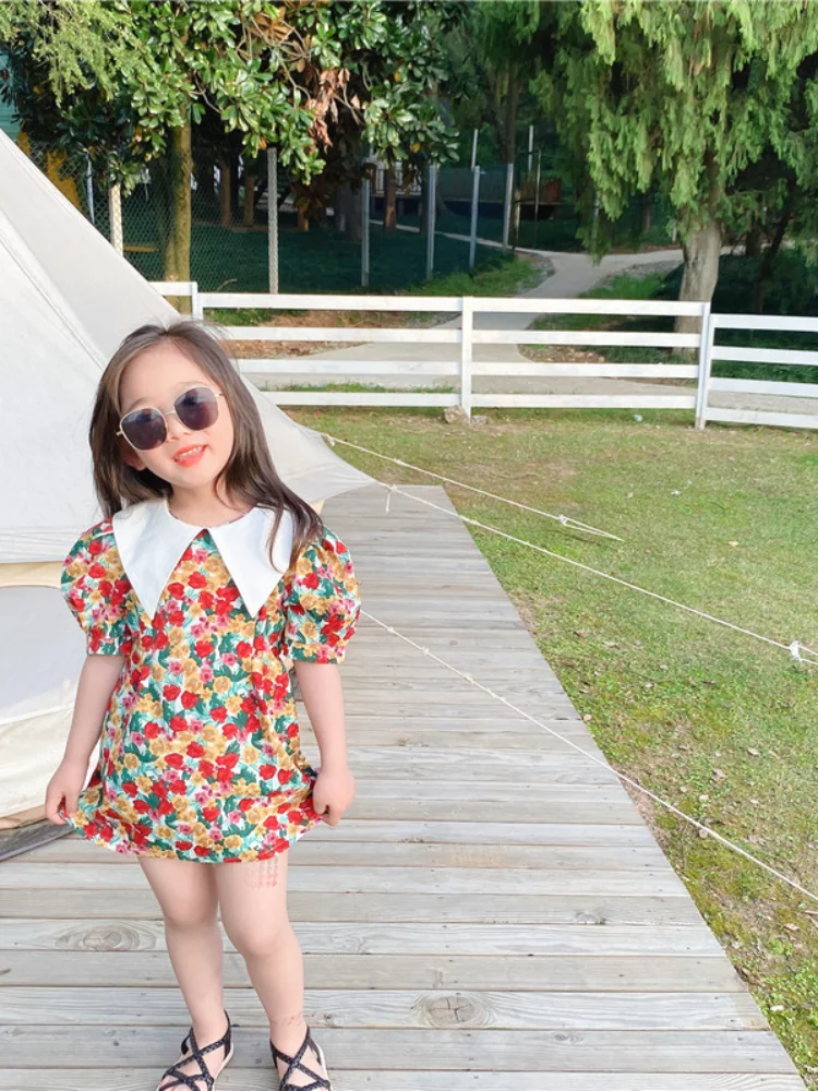 2020 New Summer Little Girls Short Puff Sleeve Floral Chiffon Lapel Collar Princess Dresses Toddler Children Fashion Sweet Dress | Детская