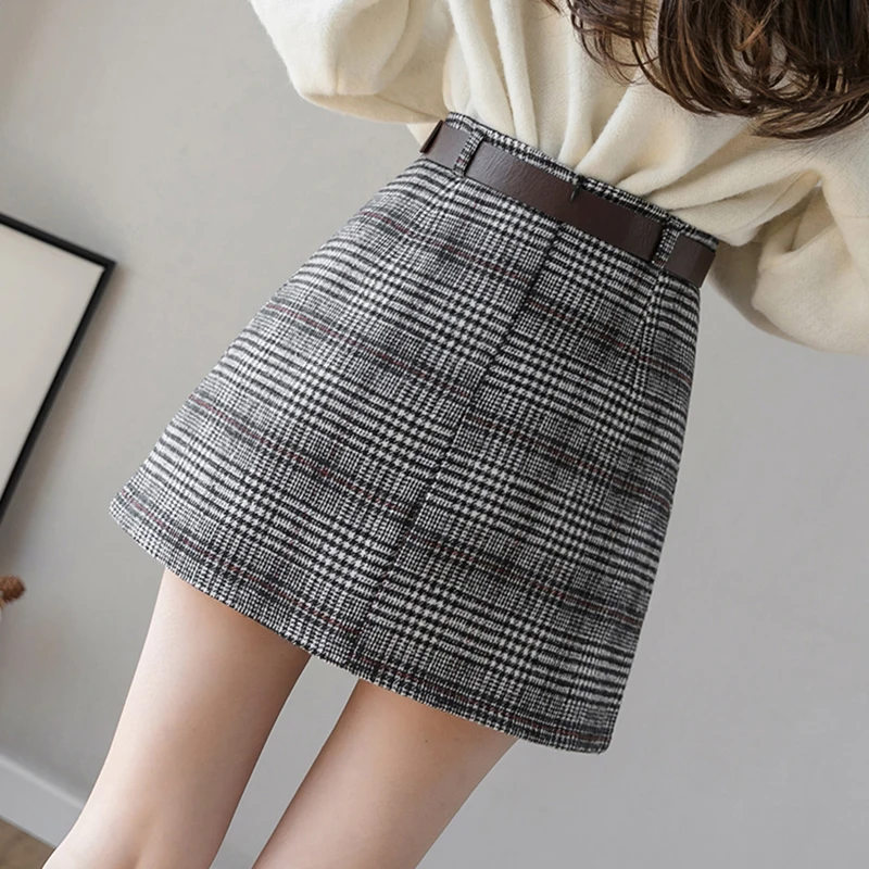 Винтажные шерстяные мини-юбки женские клетчатые юбки-карандаш большого размера