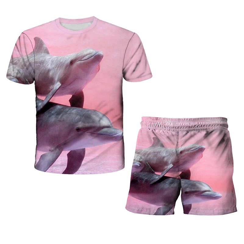 

Boys Girls T-shirt Animal Dolphin 3D Children's T-shirt Set Summer Kids Clothes Girls Casual Short Sleeve Set Cute Baby Clothes