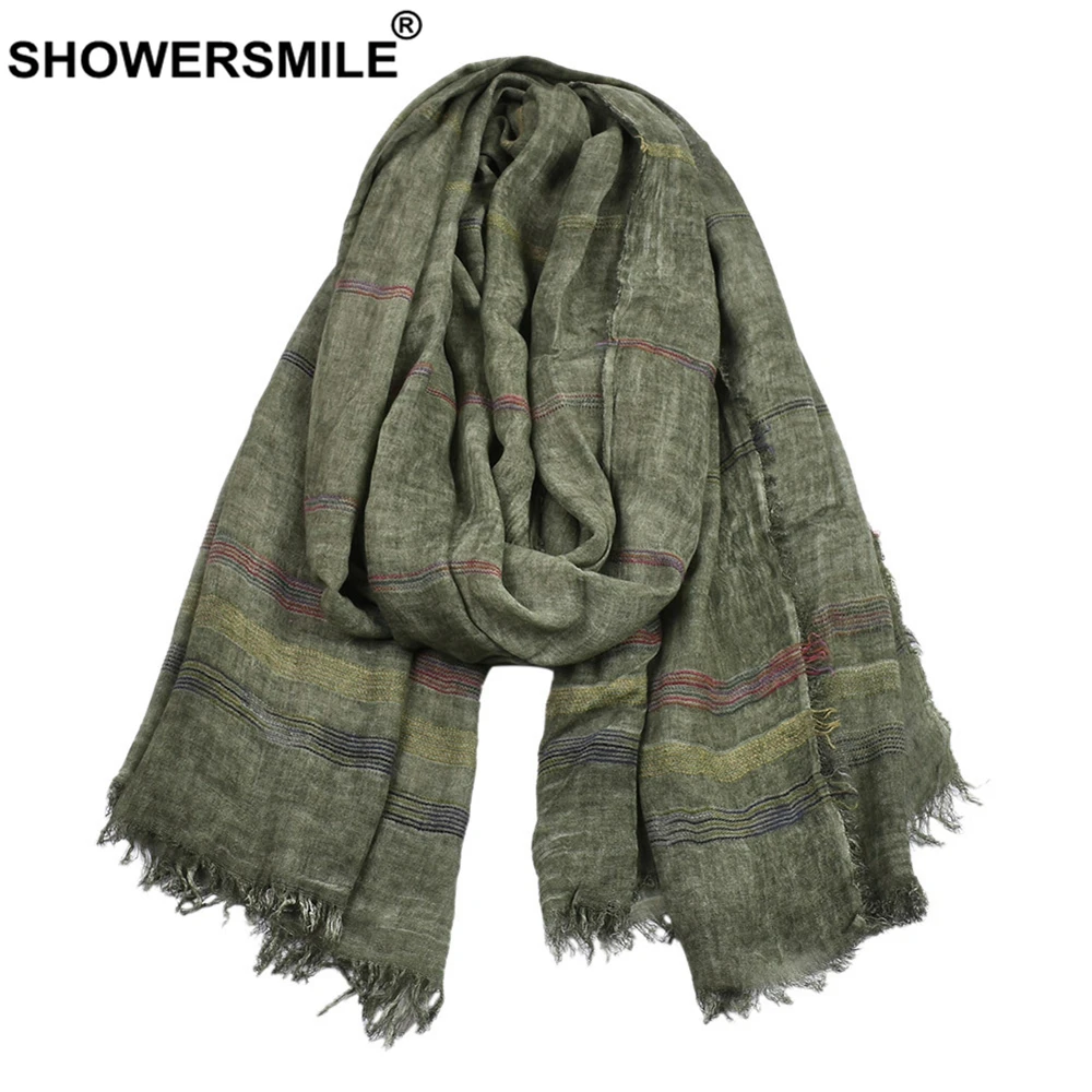 SHOWERSMILE зеленые хлопковые льняные мужские шарфы осенне зимние аксессуары для