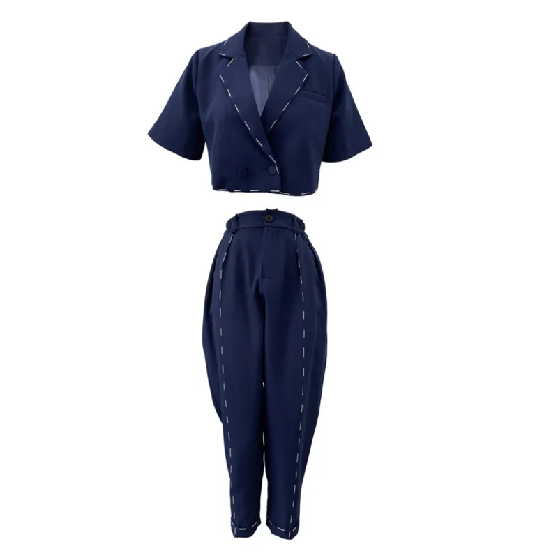 

{DEAT} Wide Leg Pants Two Piece Suit New Notched Short Sleeve Slim Women Bright Line Decoration Fashion Tide Summer 2021 7E375