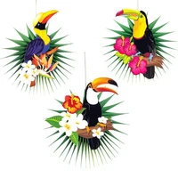 3pcs diy tropical bird toucan palm leaves paper fans centerpiece wall hanging decorations hawaiian party supplies