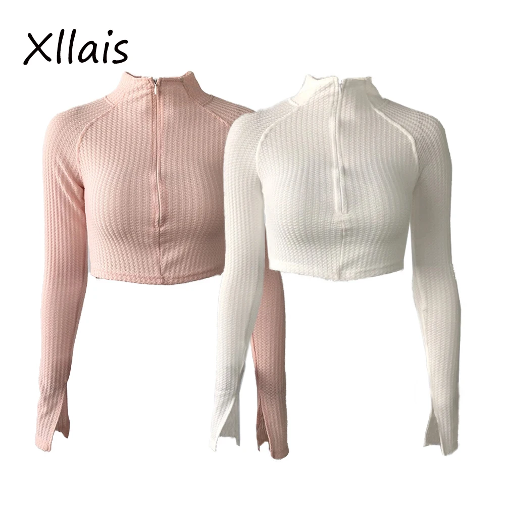 

XLLAIS женские Топы с длинным рукавом модная водолазка на молнии вязаная рубашка сексуальная осенняя и зимняя одежда Однотонная футболка