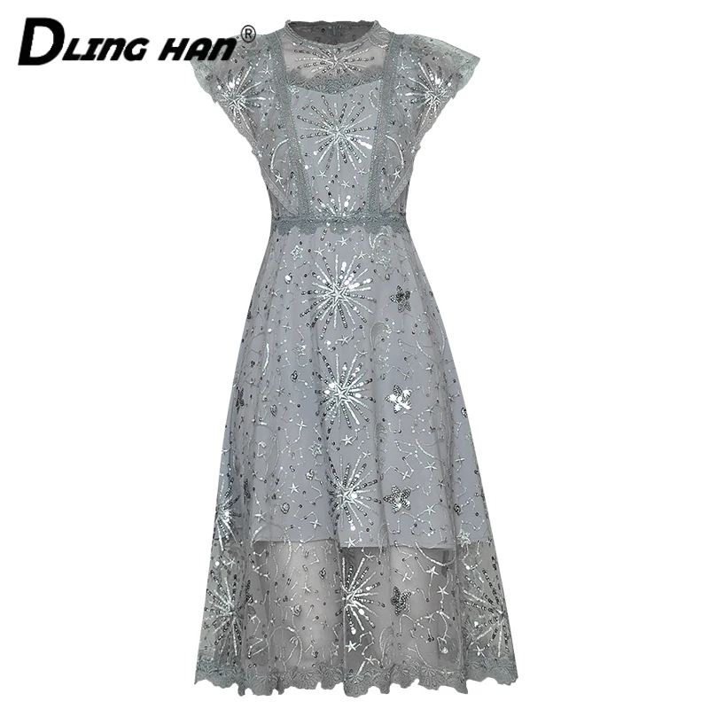 

DLINGHAN Fashion Mesh Embroidery Dress Women's elegant Butterfly Sleeve Sequined Dresses Designer Summer Female New