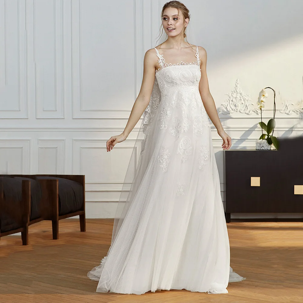 

Simple Wedding Dress Square Collar Spaghetti Straps Bridal Gown For Woman A Line Tulle Vestido De Novia 2021 Sweep Train