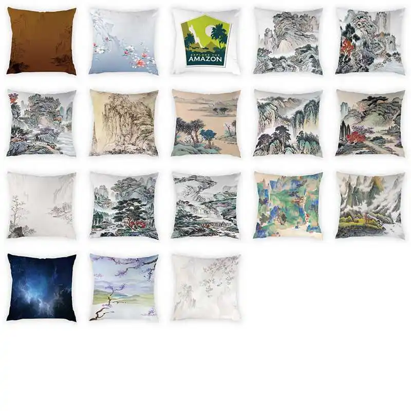 Nature Landscape Chinese Style Cushion Cover Waterfall Lake Deciduous Forest Car Home Decorative Peach Skin Pillow Cases 45*45cm | Дом и сад