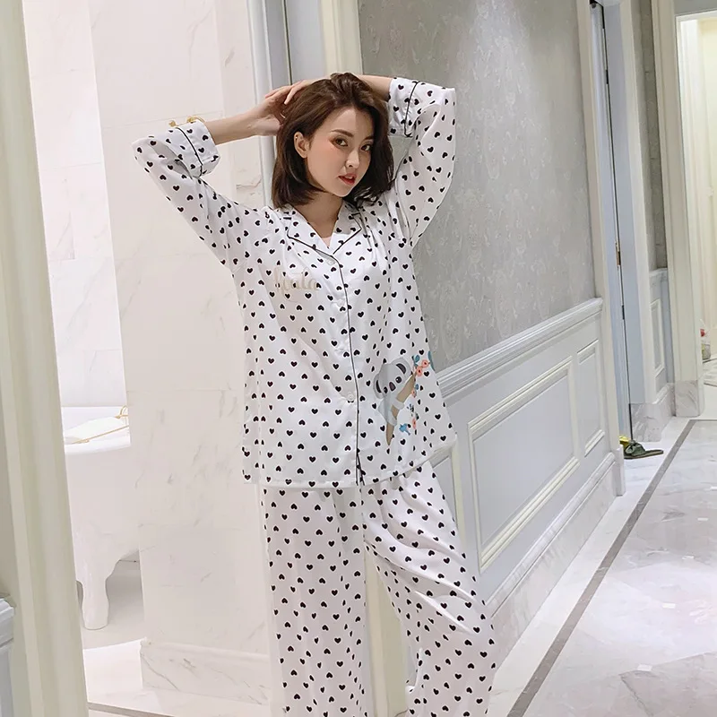 

Autumn Women Sleepwear Female Ladies Pyjamas Nightwear Printed Faux Silk Satin Long Sleeve Nightgown Pajamas Set
