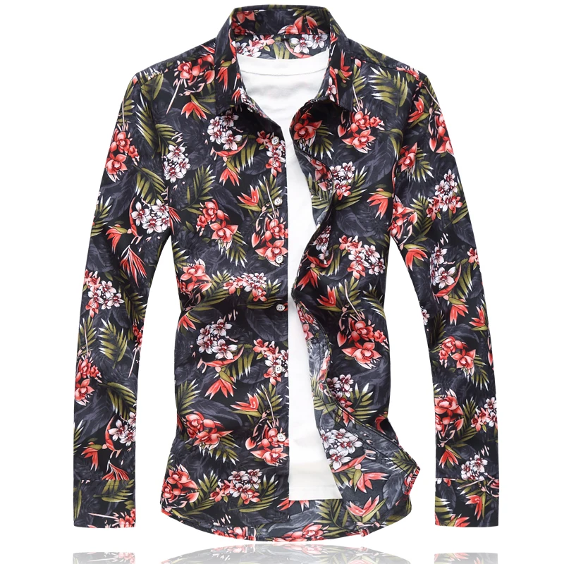 2021 Men Casual Shirt Long Sleeve Men's Floral Shirts Hawaii Casual Male Flower Print Beach Holiday Large Size 6XL 7XL