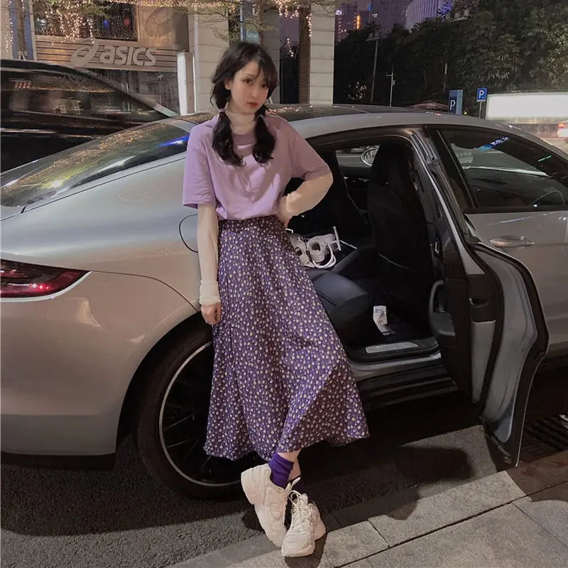 

New high waisted slim mid long Korean 2021 summer floral mini skirt chic