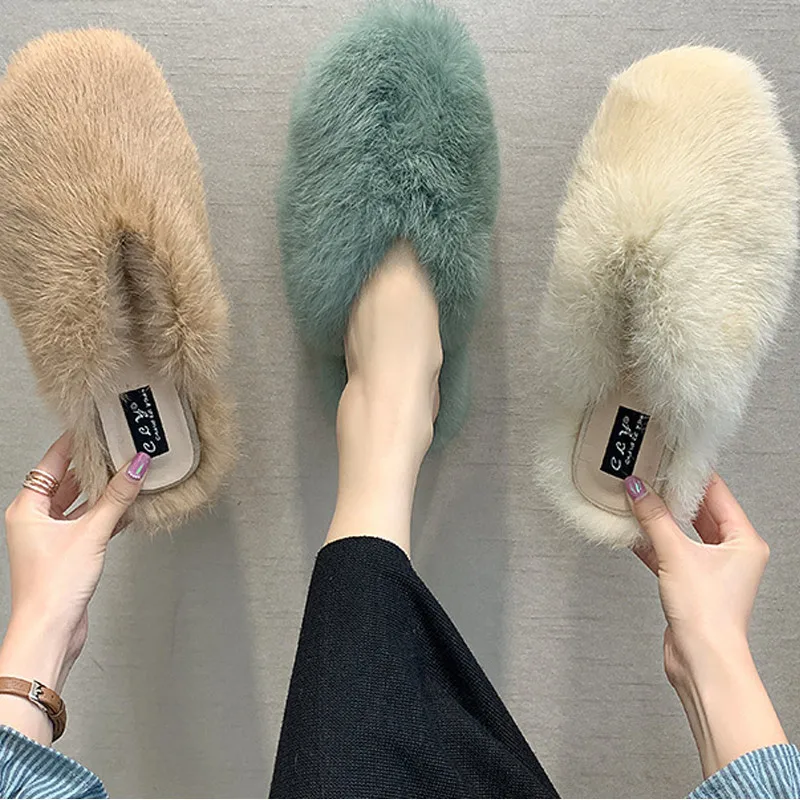 

Women Indoor Home Slippers Ladies Winter Warm Slip On Fur Slippers Ladies Soft Flats Comfort Plush Casual Furry Indoor Slides