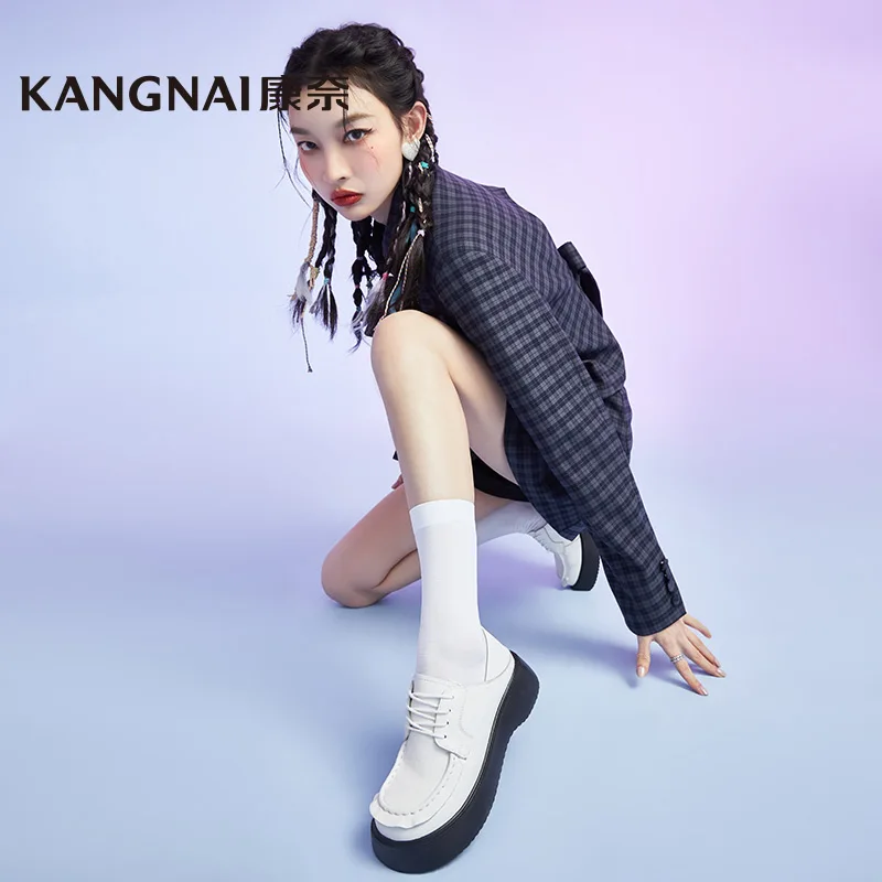 

Туфли дерби KANGNAI женские, коровья кожа, шнуровка, круглый носок, платформа, плоская подошва, Ретро стиль, на массивном каблуке