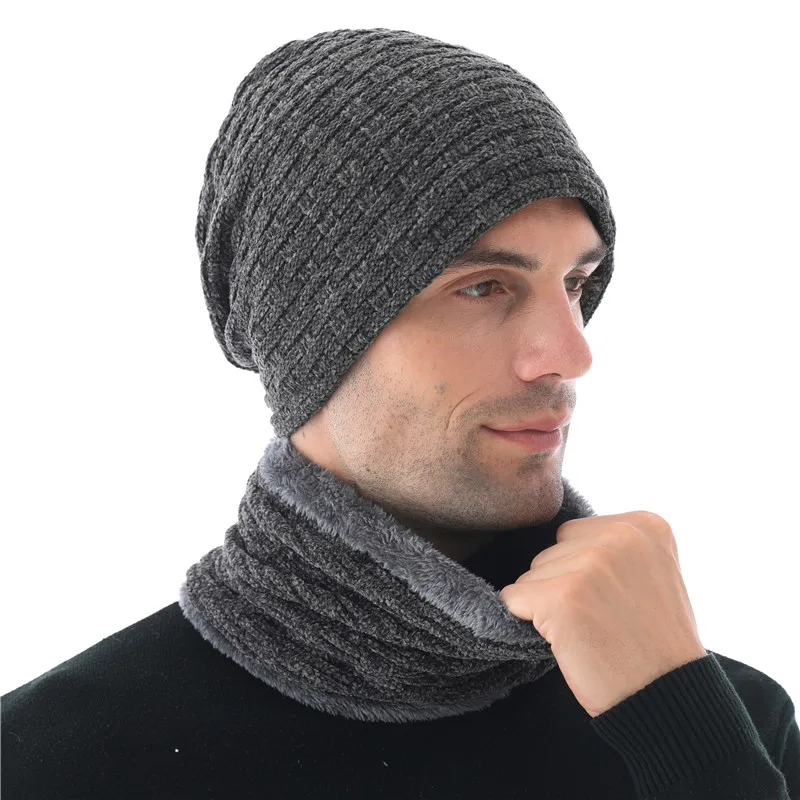 hat scarf set gray Xthree синель зимняя шапка для мужчин шапочки Skullies шляпа вязаная шапка шарф с подкладкой мужские шапочки зимние шапочки - Цвет: hat scarf set gray