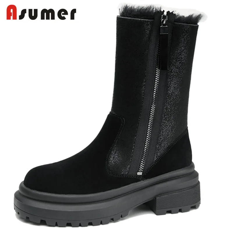 

ASUMER 2022 New Arrive Wool Snow Boots Women Winter Shoes Square Heel Platform Boots Zipper Warm Fashion Ankle Boots For Women