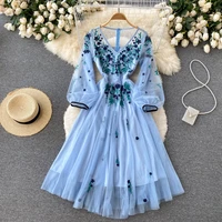 merchall elegant mesh dress womens embroidery v neck lantern sleeve 2021 spring summer holidy boho beach dress vestidos m6a372