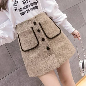 Женская шерстяная мини-юбка, Элегантная короткая шерстяная юбка трапециевидной формы, с карманами на пуговицах, Осень-зима, 2020