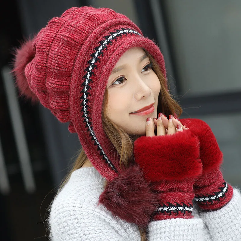 3pcs/set Girls Thicken Ski Snow Cap New Fashion Fur PomPoms Winter Women Beanie Hats Female Skullies Warm Gloves + Knit Hat Set