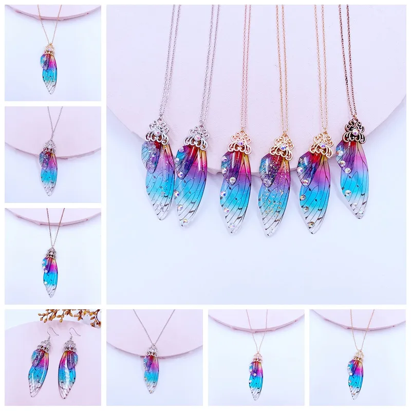 Ожерелье женское с подвеской бабочкой неоновое Радужное зеленое синее