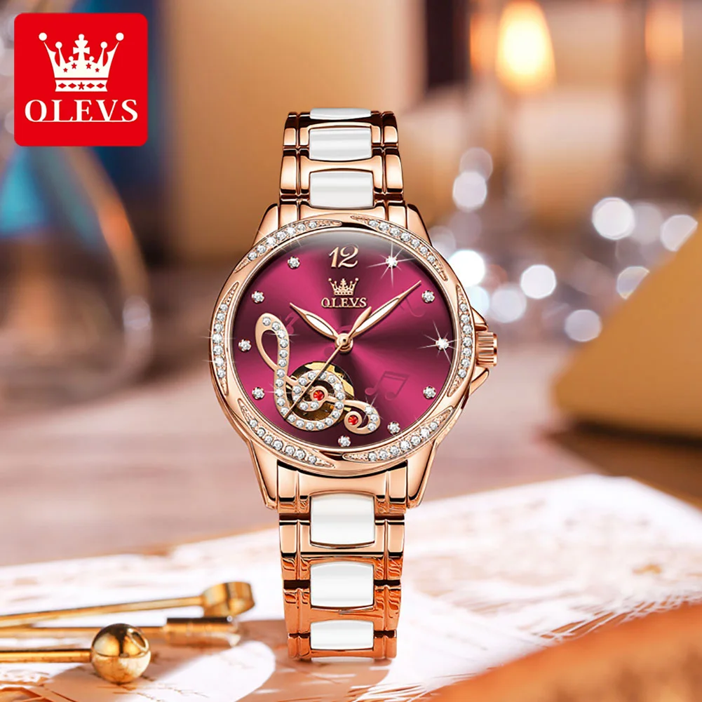 OLEVS New Ladies Mechanical Watch Women Ceramic Steel Bracelet Top Luxury Diamond 30M Waterproof Automatic Watch Montre Femme enlarge