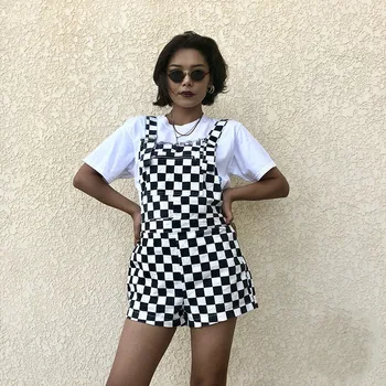 Women Vintage Checkerboard Plaid Jumpsuit Suspender Overalls Straps Romper Playsuit Streetwear Casual Shorts One Piece Outfit 1