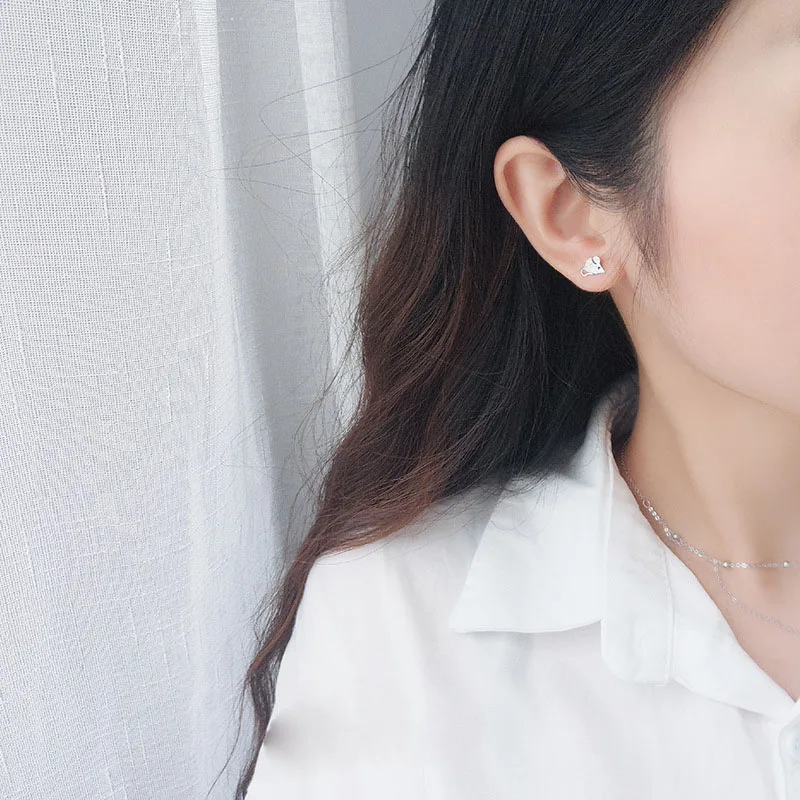 ElfoPlataSi Genuine Fashion 925 Sterling Silver Sweet Asymmetric Cat Mouse Stud Earring For Women Fine Jewelry Gift DA500 | Украшения и