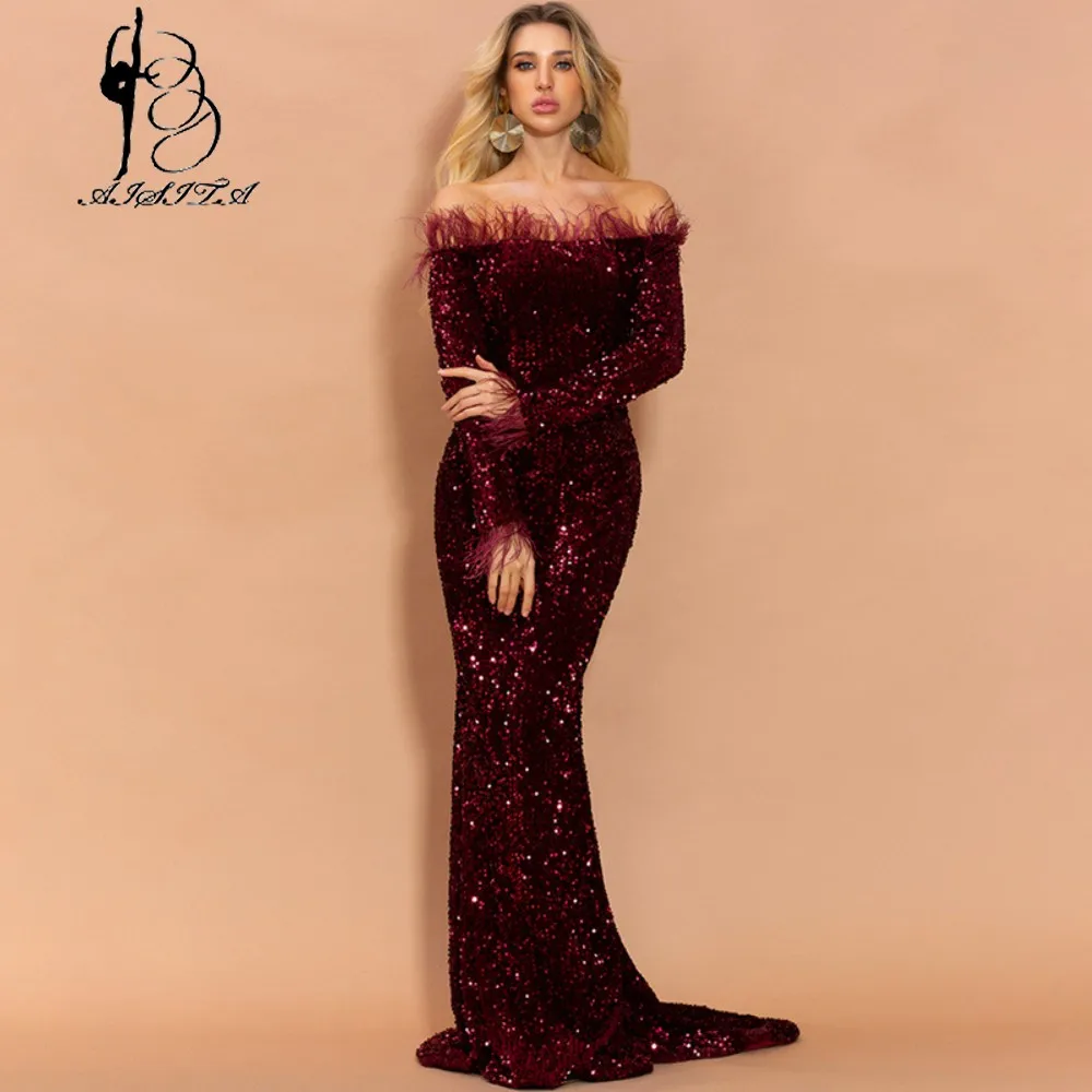 

Glittering Sequin Mermaid Evening Dresses Boat Neck Long Sleeve Off The Shoulder Tassel Feather Robes De Soirée فساتين السهرة